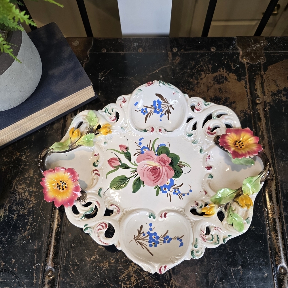 Ornate Hand Painted Divided Relish Platter 11" Applied Flowers Rococo Style Flaw